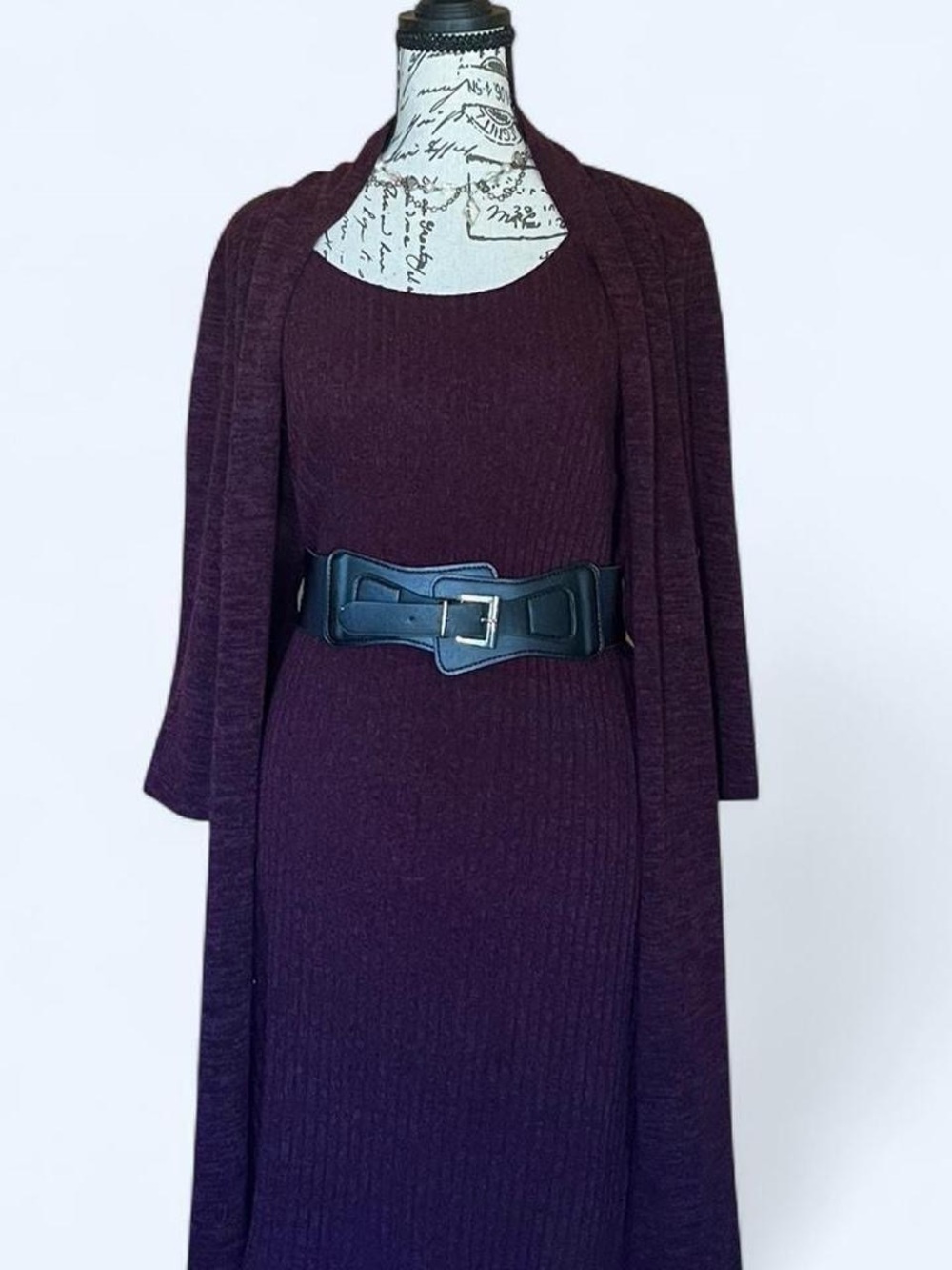 connected apparel Long Sleeve Ribbed Knit Dress in Burgundy Plum - Picture 2 of 8